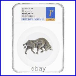 2021 Chad 1 oz Silver Bull Shaped Coin Serial #4 NGC MS 70 FDOI Antiqued High