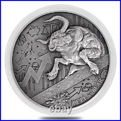2021 Chad 2 oz Silver Bull vs Bear Pandemic Antiqued High Relief Coin In Cap
