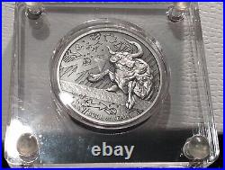2021 Chad 2 oz Silver Bull vs Bear Pandemic Antiqued High Relief Coin (In Cap)