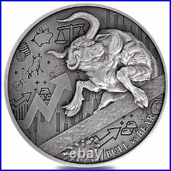 2021 Chad 2 oz Silver Bull vs Bear Pandemic Antiqued High Relief Coin In Cap