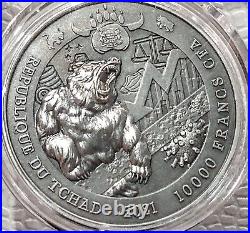 2021 Chad 2 oz Silver Bull vs Bear Pandemic Antiqued High Relief Coin (In Cap)