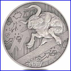 2021 Chad 2 oz Silver Bull vs Bear Pandemic Antiqued High Relief Coin (withBox)