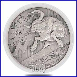 2021 Chad 2 oz Silver Bull vs Bear Pandemic Antiqued High Relief Coin (withBox)