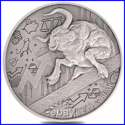 2021 Chad 2 oz Silver Bull vs Bear Pandemic Coin NGC MS 70 FDOI Antiqued High