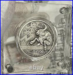 2021 Chad Bull Vs Bear Pandemic 2 oz Silver Antique High Relief Coin