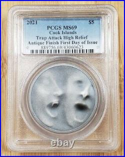 2021 Cook Islands Trap Attack H. R 1 oz Silver Antiqued Coin PCGS MS69 FDOI