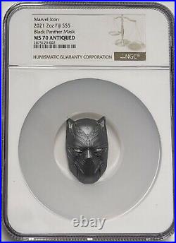2021 Fiji Black Panther Marvel Icon Mask MS70 Antiqued 2 Oz + 2 g Silver COA