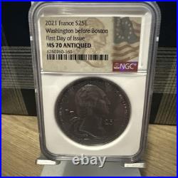 2021 France 2oz Silver Washington Before Boston High Relief NGC MS70 Antiqued