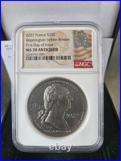 2021 France Silver MS70 Antiqued Washington before Boston FDI 25euro 2oz