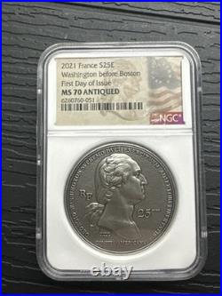 2021 France Washington Before Boston NGC MS70 Antiqued 2oz. 999 Silver Coin