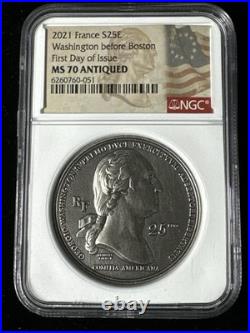 2021 France Washington Before Boston NGC MS70 Antiqued 2oz. 999 Silver Coin