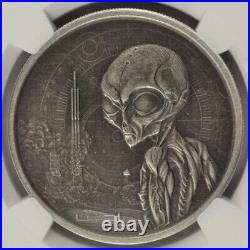 2021 Ghana 5 Cedis Alien ET UFO 1oz Silver MS69 Antiqued