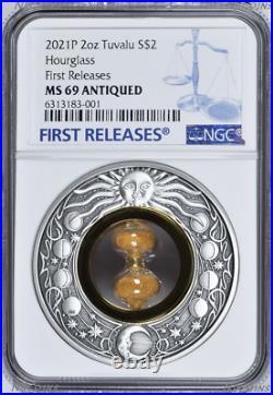 2021 Hourglass 2oz Silver Antiqued Coin NGC MS 69 FR