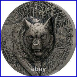 2021 Ivory Coast Predators Wolf 3 oz Silver Antiqued Coin