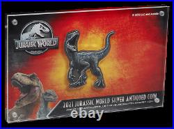 2021 Jurassic World 2oz Silver Antiqued Blue the Velociraptor Shaped Coin