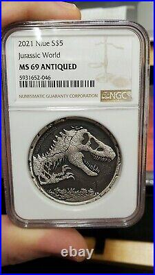 2021 Jurassic World Park NGC MS69 2 oz Silver Antiqued Cracked Planchet withOGP