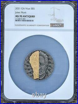 2021 NGC Niue Lithuanian Mint Two-Face Joker Mask 2 oz Silver Coin MS70 Antiqued