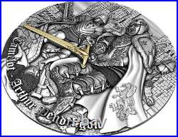 2021 Niue 2 oz Camelot Arthur Pendragon High Relief Antique Finish Silver Coin