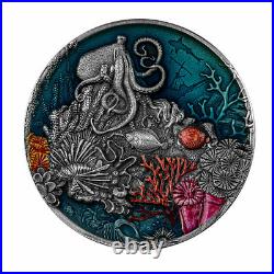 2021 Niue $5 Coral Reef Antiqued Colorized 2 oz. 999 Silver Coin 500 Made