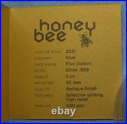 2021 Niue $5 Honey Bee 2 oz. 999 Silver High Relief Antique Finish