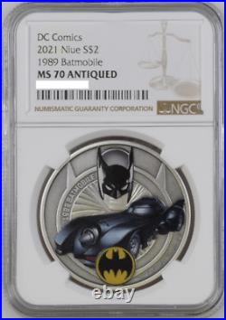 2021 Niue Batman Batmobile 1989 1 oz Silver Coin NGC MS 70 Antiqued
