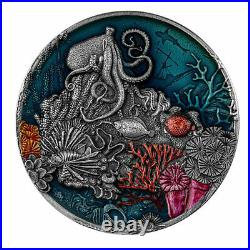 2021 Niue Coral Reef HR 2 oz Silver Colorized Antiqued $5 Coin GEM BU OGP