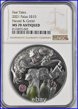 2021 Palau 2 oz Antique Silver Fear Tales Hansel & Gretel NGC MS70 With OGP