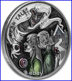 2021 Palau Fear Tales HANSEL N GRETEL Antique Finish 2 Oz Silver Coin Minted 500