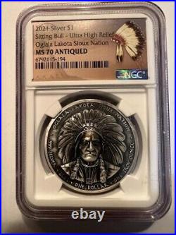 2021 Silver $1 Sitting Bull UHR Antiqued Oglala Lakota Sioux Coin NGC MS 70