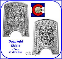 2021 South Korea Chiwoo Cheonwang Doggaebi Shield Antique 2oz Silver Stacker x10