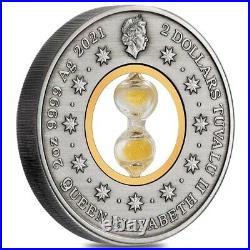 2021 Tuvalu 2 oz Antiqued Silver Hourglass Coin. 9999 Fine (withBox & COA)