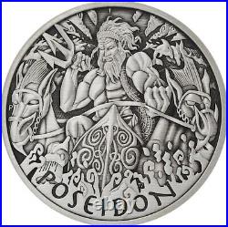 2021 Tuvalu Gods of Olympus Poseidon Antiqued 1oz. 999 Silver BU Coin in Capsule