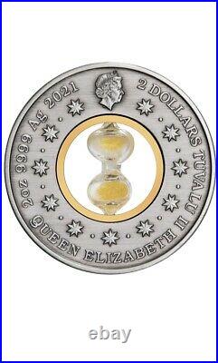 2021 Tuvalu hourglass 2oz Silver Antiqued Coin Coa Box in stock, No Discount