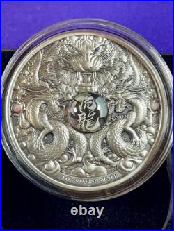 2022 1 oz. 999 Fine Silver Chad Dragons And Tiger Holographic Antiqued Coin