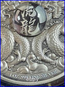 2022 1 oz. 999 Fine Silver Chad Dragons And Tiger Holographic Antiqued Coin