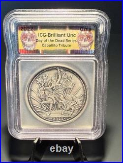 2022 1 oz. 999 Silver Day of the Dead Mexcico Caballito Antiqued Onza ICG Label