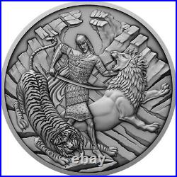 2022 1 oz Antique Niue Silver Tariel Fighting the Wild Beast Coin (High Relief)