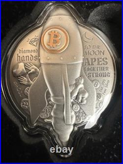2022 1 oz Silver BITCOIN ROCKET Coin Antiqued High Relief. 999 Fine 5000 Mintage