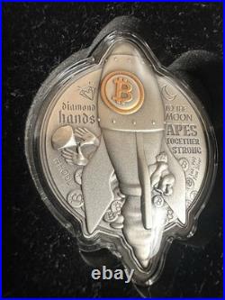 2022 1 oz Silver BITCOIN ROCKET Coin Antiqued High Relief. 999 Fine 5000 Mintage