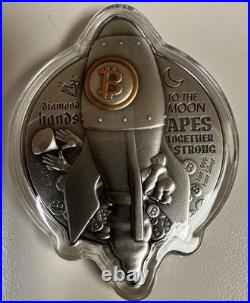 2022 1 oz Silver BITCOIN ROCKET Coin Antiqued High Relief. 999 Fine 5000 Mintage