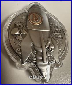 2022 1 oz Silver BITCOIN ROCKET Coin Antiqued High Relief. 999 Fine 5000 Mintage