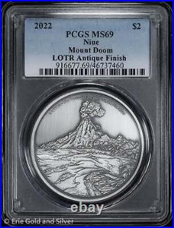 2022 $2 Niue 1 oz Silver Antique Finish LOTR Mount Doom PCGS MS 69