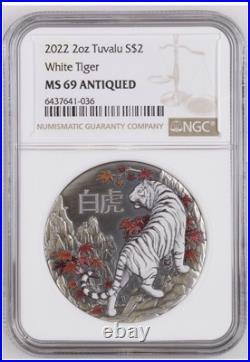 2022 $2 Tuvalu WHITE TIGER Rimless Antique Finish 2oz Silver Coin #036 2022 $2 Tuvalu WHITE TIGER Rimless Antique Finish 2oz Silver Coin #036