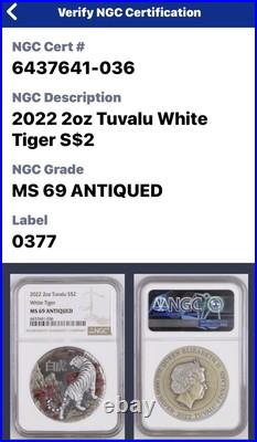 2022 $2 Tuvalu WHITE TIGER Rimless Antique Finish 2oz Silver Coin #036 2022 $2 Tuvalu WHITE TIGER Rimless Antique Finish 2oz Silver Coin #036