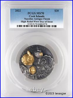 2022 $20 Steampunk Nautilus 3oz Antique Silver First Day of Issue PCGS MS70