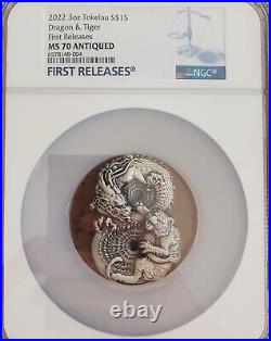2022 3 oz Antique Tokelau Silver Figure 8 Dragon and Tiger MS70 1st Releases