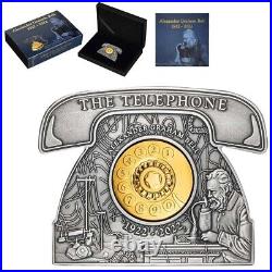 2022 3 oz Silver Alexander Graham Bell Telephone Shaped Coin Barbados. 999 Fine