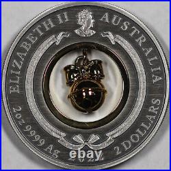 2022 Australia $2 Jingle Bell 2 oz. 999 Fine Silver Antiqued Gilt Coin with COA