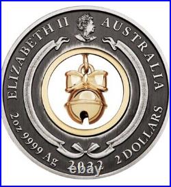 2022 Australia 2 oz Silver Christmas Jingle Bell Antiqued Coin
