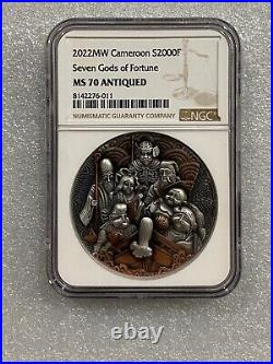 2022 Cameroon Seven Gods of Fortune 2 oz Silver Colorized Antique Coin MS 70